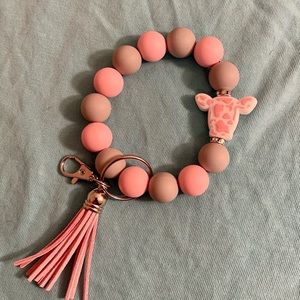 Pink and grey cow keychain wristlet